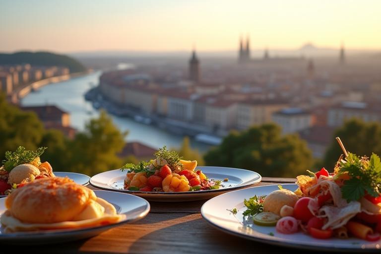 Vue panoramique de Lyon avec sélection de plats gourmets de Livraison Gourmande
